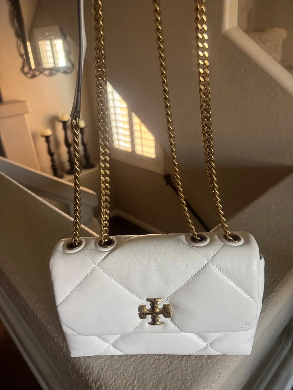 Tory Burch White Quilted Leather Shoulder Bag with Gold Chain